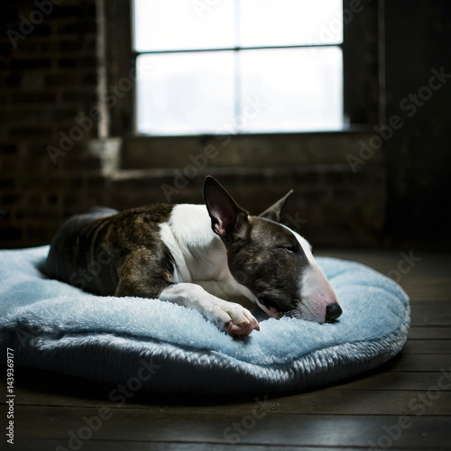 Bull Terrier resting peacefully on a soft bed in a cozy, dimly lit room during the late afternoon