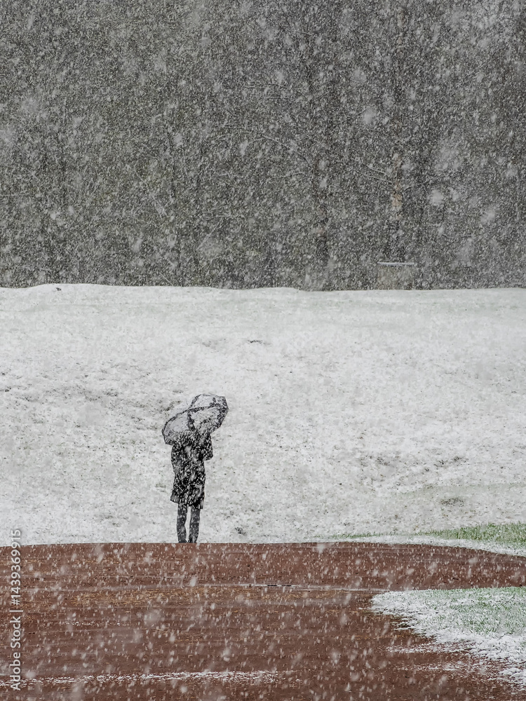 man in a heavy snowstorm under an umbrella