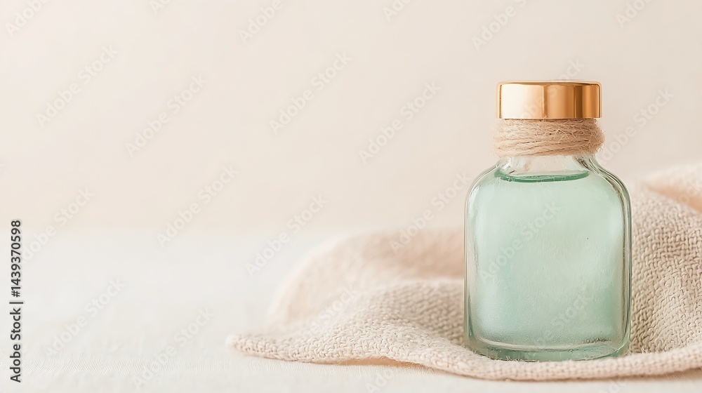 Cosmetic Oil Bottle with Gold Cap on Linen Texture Cosmetic Oil Bottle with Gold Cap on Linen Texture
