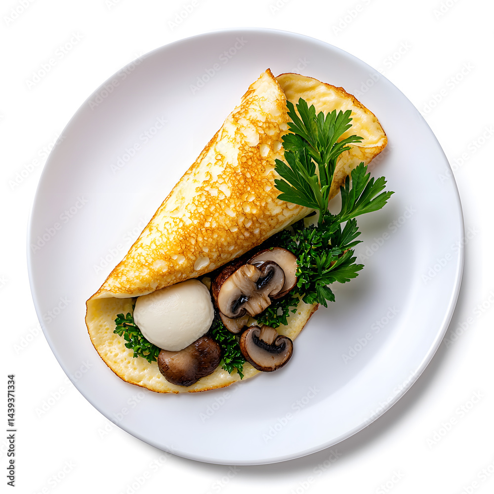 Mushroom omelette on white plate top view, white background