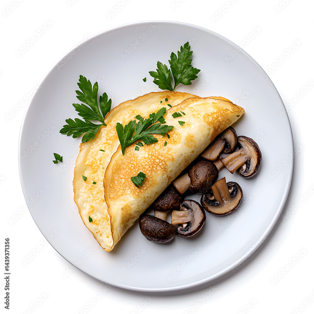 Mushroom omelette on white plate top view, white background