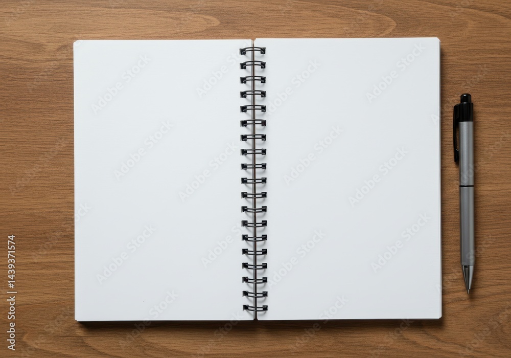 Open spiral notebook mockup with pen on wooden background Open spiral notebook mockup with pen on wooden background