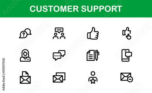 Customer Support Service Icons – Professional Vector Line Illustrations for Online Help, Chat, Call Assistance, and Technical Support Graphics