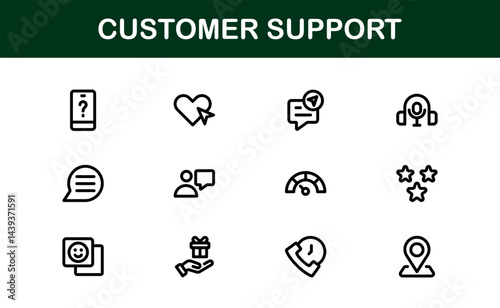 Customer Support Service Icons – Professional Vector Line Illustrations for Online Help, Chat, Call Assistance, and Technical Support Graphics