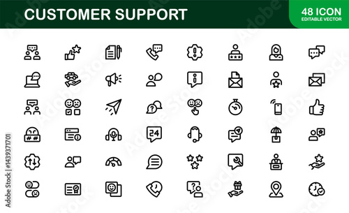 Customer Support Service Icons – Professional Vector Line Illustrations for Online Help, Chat, Call Assistance, and Technical Support Graphics