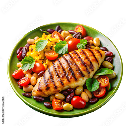 Wallpaper Mural Vibrant grilled chicken breast with charred vegetables, lettuce, and colorful bean salad isolated on green background Torontodigital.ca