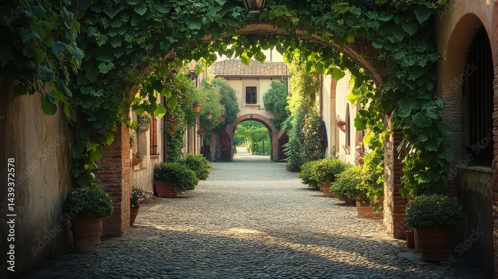 Obraz premium Cobblestone alleyway adorned with lush greenery and pots