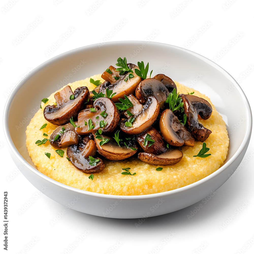 Polenta with mushrooms italian food on plate, isolated on white
