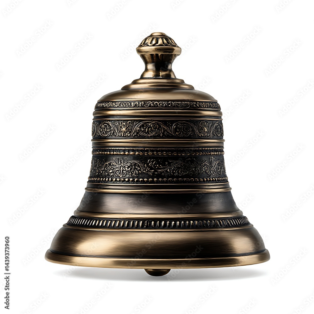 A high-resolution image of an antique brass call bell, isolated on a clean white background A high-resolution image of an antique brass call bell, isolated on a clean white background