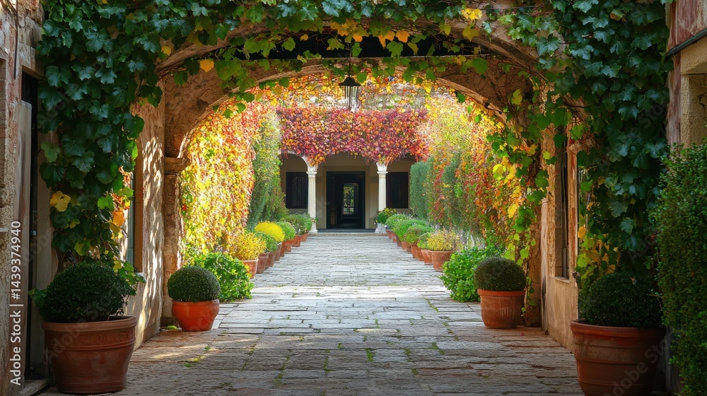 Fototapeta premium Garden pathway lined with vibrant greenery and potted plants