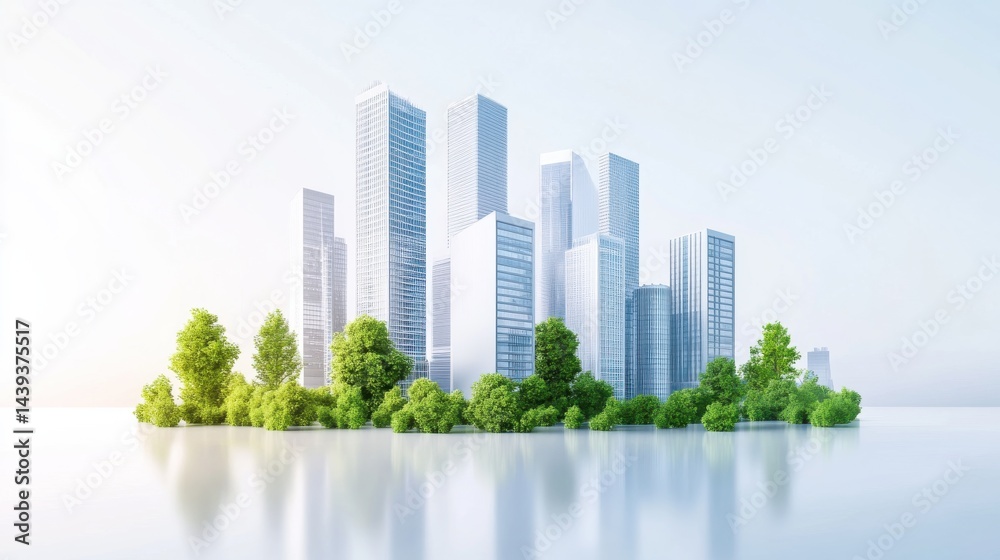 Fototapeta premium Modern Urban Cityscape Surrounded by Lush Green Trees Under Clear Blue Sky