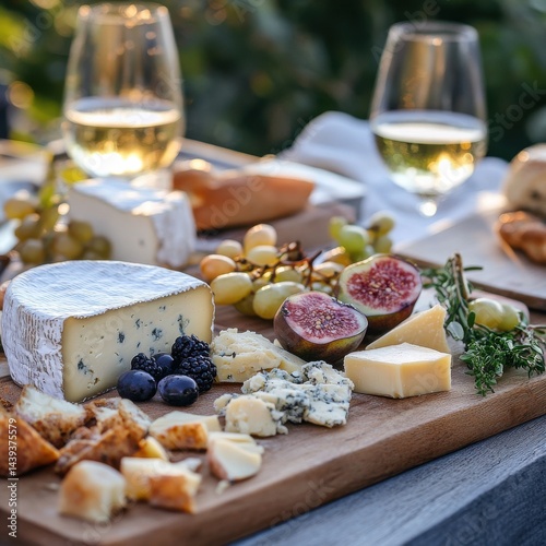 An inviting cheese board laden with assorted cheeses, fresh figs, grapes, and berries, paired with crisp white wine for an elegant outdoor tasting.
