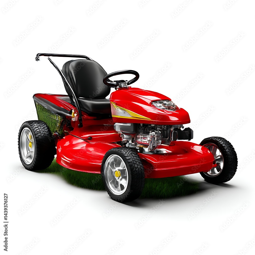 Fototapeta premium A red riding lawn mower isolated on a clean white background