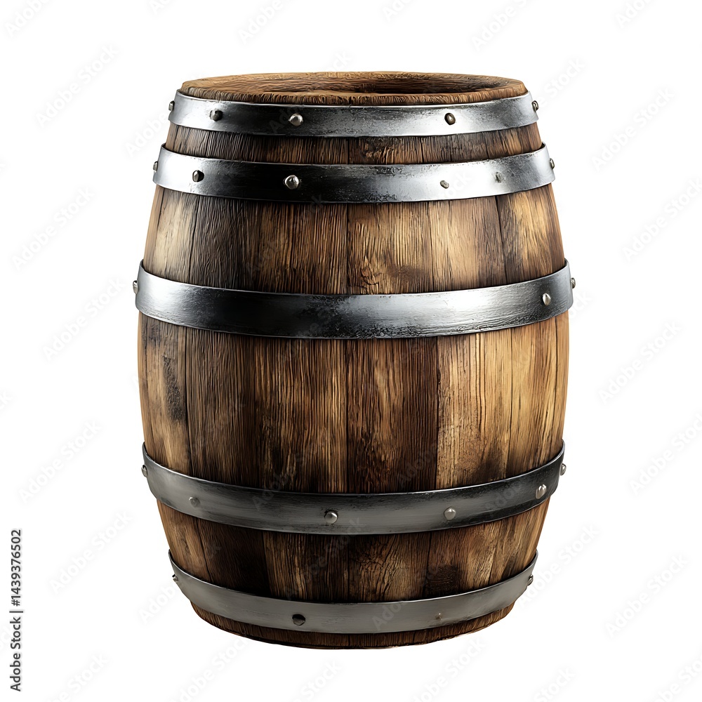 Fototapeta premium A rustic wooden barrel with metal bands, isolated on a white background
