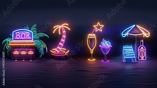 Four 3D neon beach bar icons in one set for Instagram highlights and outline icons
