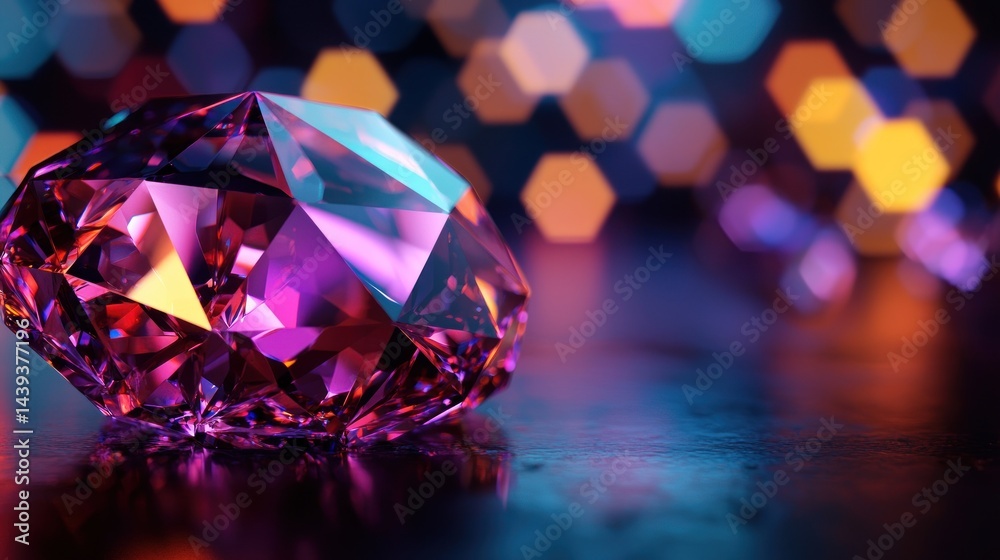 Radiant Purple Diamond on Dark Surface with Colorful Background Radiant Purple Diamond on Dark Surface with Colorful Background