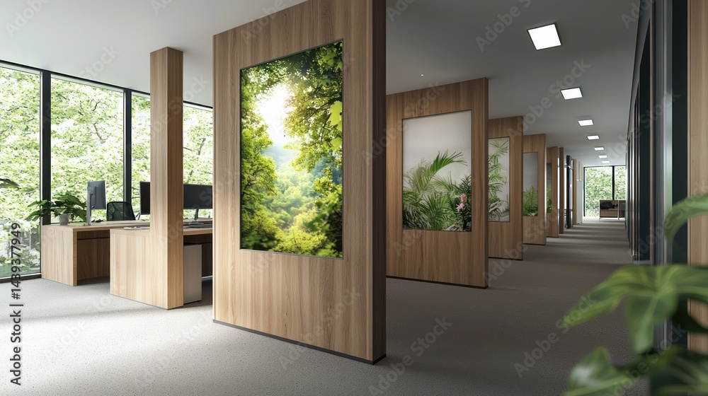 Fototapeta premium Modern office hallway with nature-inspired panels