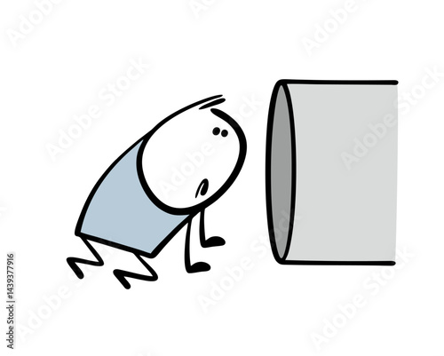 Curious stickman stands on all fours and looks into the pipe. Vector illustration of a cartoon boy interested. A dangerous black hole beckons.