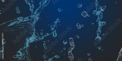 Splash and drops of water on a blue background. World of bubbles - Blue. Abstract fresh soda and air bubbles, oxygen, champagne crystal. Raindrops on a dark background .