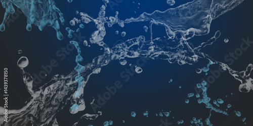 Splash and drops of water on a blue background. World of bubbles - Blue. Abstract fresh soda and air bubbles, oxygen, champagne crystal. Raindrops on a dark background .