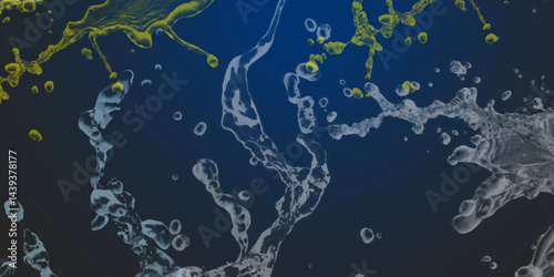 Splash and drops of water on a blue background. World of bubbles - Blue. Abstract fresh soda and air bubbles, oxygen, champagne crystal. Raindrops on a dark background .