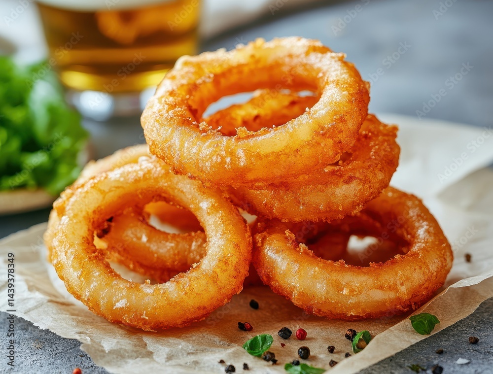 Crispy Fried Onion Rings Stacked on Brown Paper with Fresh Greens and Beer in Background, Perfect for Menu or Food Photography Crispy Fried Onion Rings Stacked on Brown Paper with Fresh Greens and Beer in Background, Perfect for Menu or Food Photography