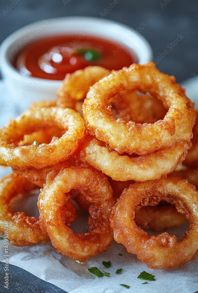 Crispy Fried Onion Rings Stacked with a Side of Tangy Ketchup for a Delicious Snack or Appetizer Experience Crispy Fried Onion Rings Stacked with a Side of Tangy Ketchup for a Delicious Snack or Appetizer Experience