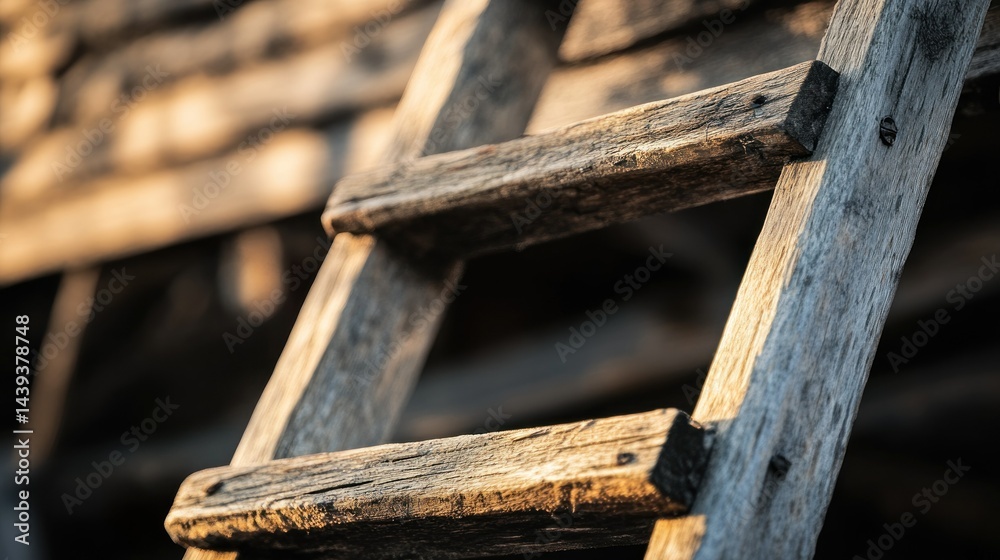 A weathered wooden ladder is seen in a close up view A weathered wooden ladder is seen in a close up view