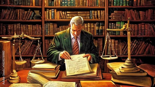 Lawyer reviewing legal documents in a traditional library filled with books and scales of justice
