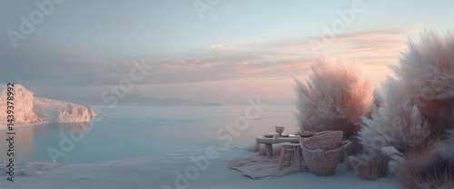 Serene Sunset at Coastal Oasis: Tranquil Table Setting by the Azure Sea