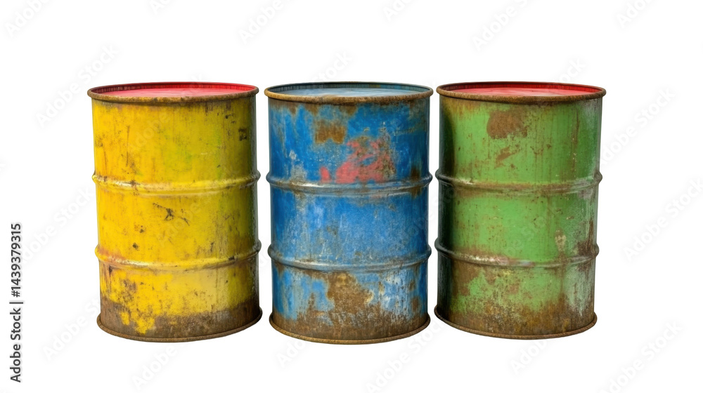 Set of Three Rusty Colorful Barrels in Yellow Blue and Green with a Transparent Background