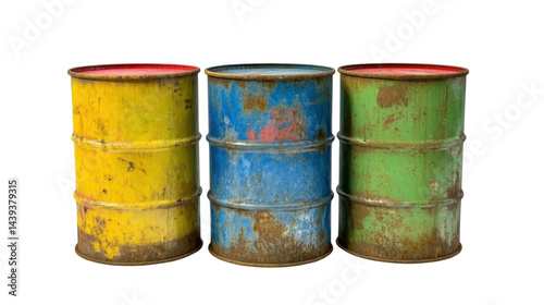 Obraz na płótnie Set of Three Rusty Colorful Barrels in Yellow Blue and Green with a Transparent Background w salonie