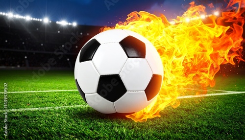 Soccer ball on fire. Soccer ball on field. Soccer ball with flame. Burning soccer ball. 