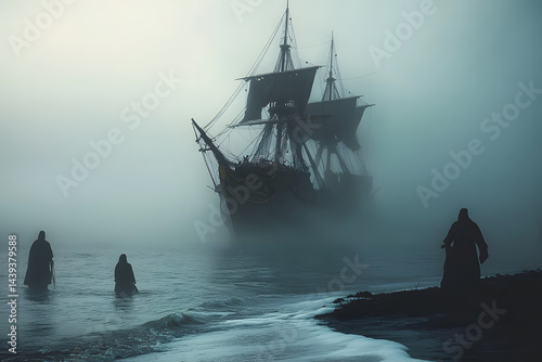 An eerie high resolution stock photo shows the Flying Dutchman ghost ship emerging from the misty ocean with spectral figures on the shore