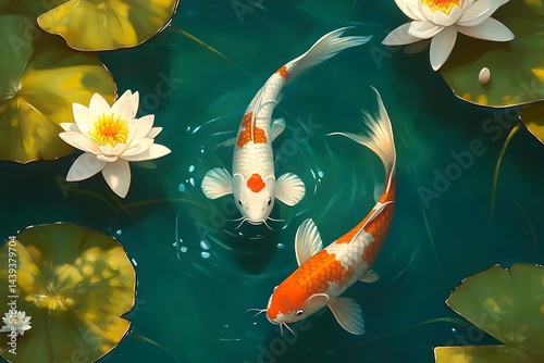 a detailed oil painting of koi fish in pond