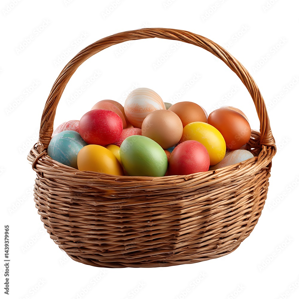 A wicker Easter basket filled with brightly colored Easter eggs, isolated on a clean white background. A wicker Easter basket filled with brightly colored Easter eggs, isolated on a clean white background.