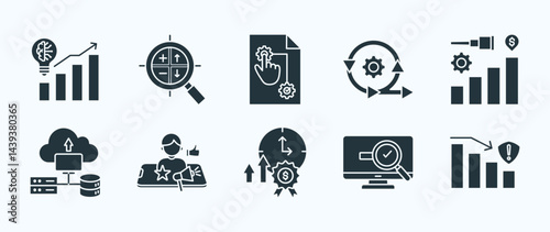 Business growth strategy thin icon set containing competitive intelligence,swot analysis,scenario planning,change management,financial forecasting
