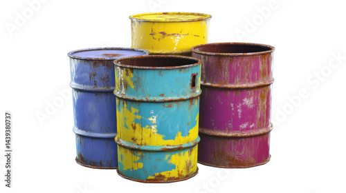 Stacked Rusty Colorful Vintage Barrels on Transparent Background in Industrial Setting