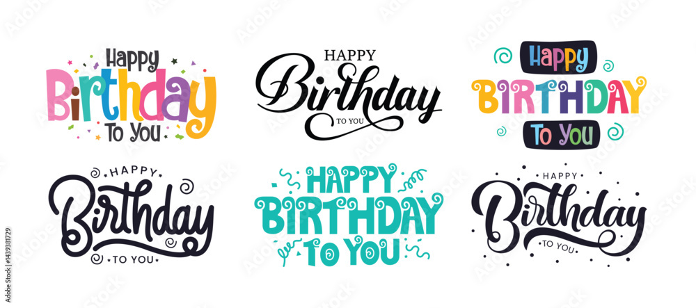 Happy birthday calligraphy text clipart set. Birthday greeting in colorful handwriting, font, cursive and lettering clip art collection for party invitation card handwritten style vector illustration.