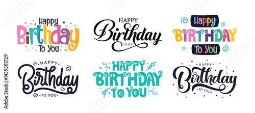 Obraz na płótnie Happy birthday calligraphy text clipart set. Birthday greeting in colorful handwriting, font, cursive and lettering clip art collection for party invitation card handwritten style vector illustration. w salonie