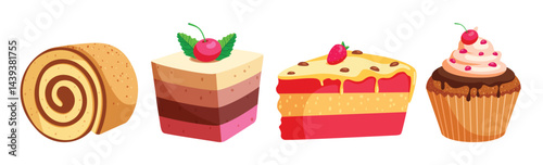Birthday cake clipart icon set. Sweet cupcake roll and slice of cake clip art collection with chocolate, strawberry and caramel flavor for bday party dessert vector illustration. 
