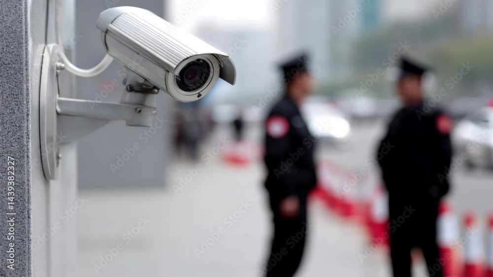 Surveillance Camera Monitoring Security Personnel in Urban Environment Emphasizing Safety, Vigilance, and Technology for Effective Observation and Monitoring.