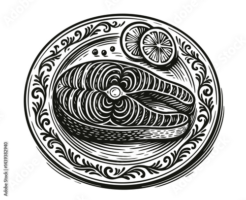 Salmon steak on beautiful restaurant plate. Top view fish steak with lemon pieces.