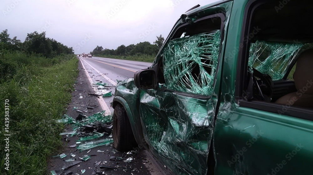 Obraz premium Damaged green car on roadside highway accident with traffic