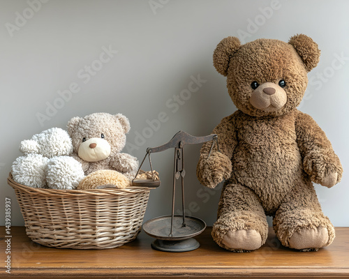 A collection of teddy bears sit beside an antique scale against a grey wall on a wooden surface