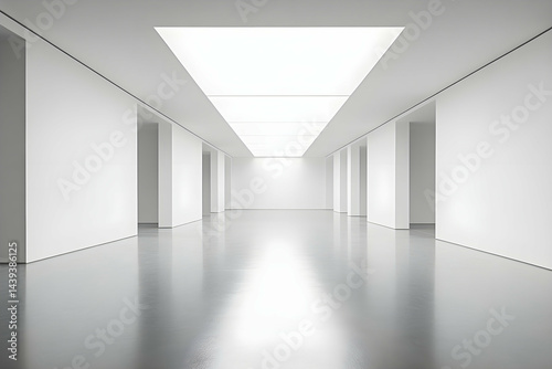 Bright futuristic hallway with minimalistic white design and modern ceiling lights. photo