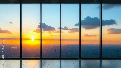 Panoramic city skyline view with colorful sunset through large glass windows inside modern high-rise building


