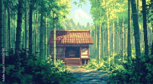 A serene pixel art scene of a traditional japanese house nestled within a lush bamboo forest. photo