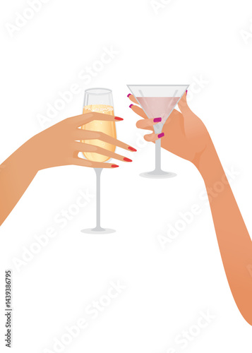 Female hands with drink glass together. Cheers or drinking toast. vector illustration. stock illustration