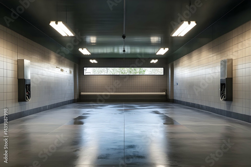 Dimly lit empty underground parking garage with reflective wet floor and concrete walls, perfect for urban, automotive, and security backgrounds. photo